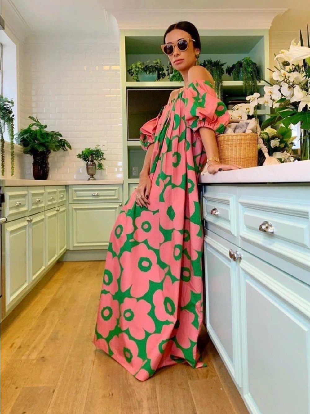 Pink Floral Maxi Dress with Green Motif - Women